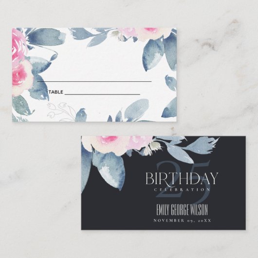 WEICHER BLUSH BLUE BLUE FLORAL 25. ALTER GEBURTSTA PLATZKARTE (Vorne/Hinten)