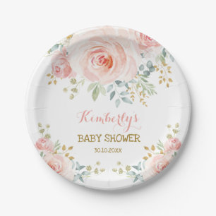 Weicher Boho erröten rosa GoldblumenBabyparty Pappteller