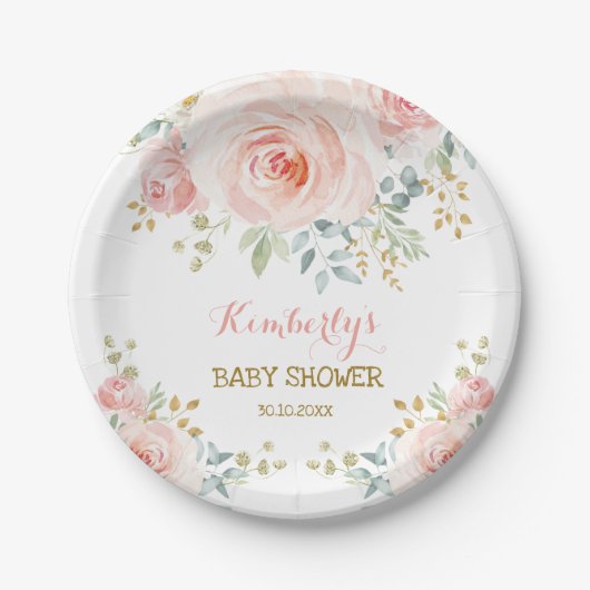 Weicher Boho erröten rosa GoldblumenBabyparty Pappteller (Vorderseite)