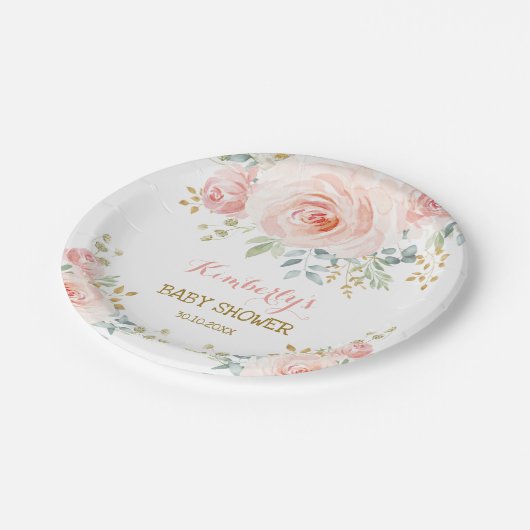 Weicher Boho erröten rosa GoldblumenBabyparty Pappteller (Schrägansicht)