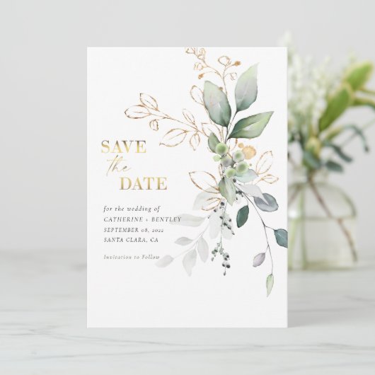 Weicher Eukalyptus mit Gold-Foto Save The Date (Stehend Vorderseite)