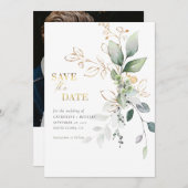 Weicher Eukalyptus mit Gold-Foto Save The Date (Vorne/Hinten)
