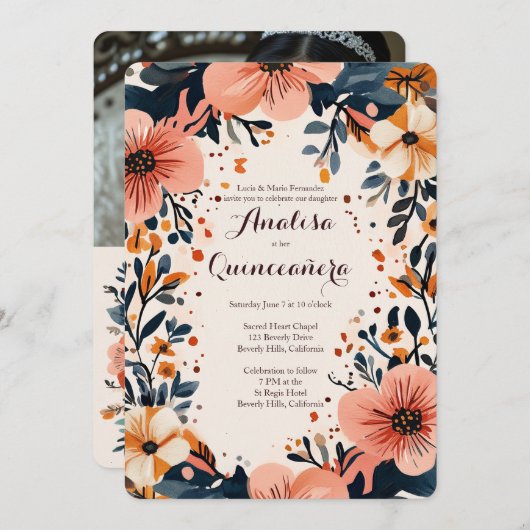 Weicher, floraler Rahmen Quinceañera CUSTOM Foto Einladung (Vorne/Hinten)