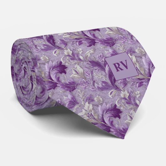 Weicher lila violetter botanischer Scroll Krawatte (Gerollt)