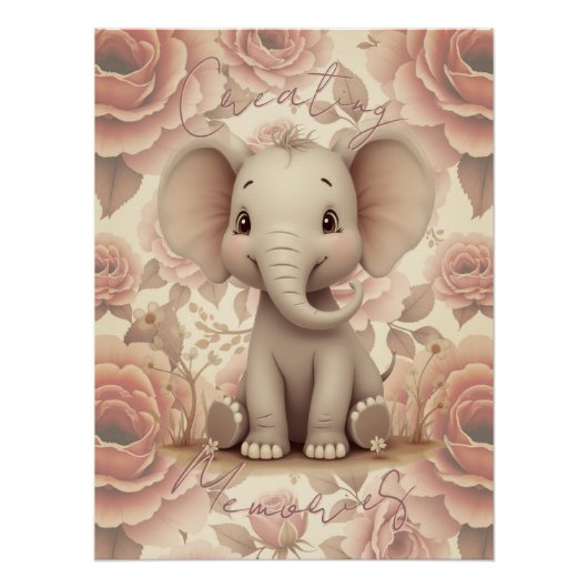 Weicher Pastell-Elefant und Blumen Poster (Vorderseite)