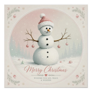 Weicher Pastellrosa Schneemann Winterwald Poster