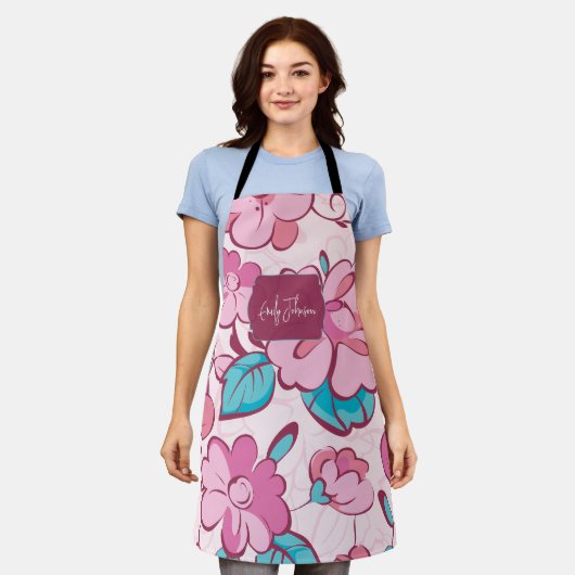 Weicher rosa Blüten Blumenmuster mit individuellem Schürze (Getragen)