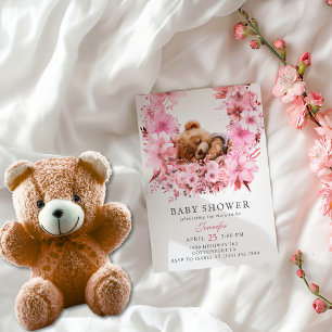 Weicher rosa floraler schlafender Teddybär Baby Sh Einladung
