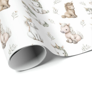 Weiches Aquarell-Einhörner und Blumenmuster Geschenkpapier
