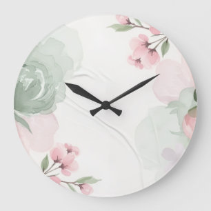 Weiches Aquarell-Rosa und Grünes Blumenrahmen Große Wanduhr