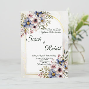Weiches Blau Rosa Florales Rahmen Elegante Hochzei Einladung