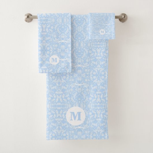 Weiches Blau und Weiß Botanisch Monogrammiert Badhandtuch Set (Insitu)