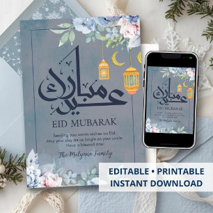 Weiches blaues Aquarell-Blumen-Eid Mubarak Gruß Feiertagskarte