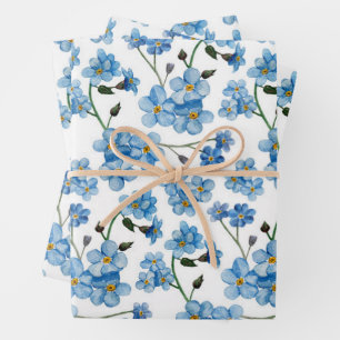 Weiches blaues Frühlingsblumenmuster Vergissmein Geschenkpapier Set