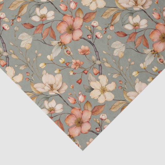 Weiches Blumenmuster im hellgrünen Hintergrund Seidenpapier (Ausschnitt)