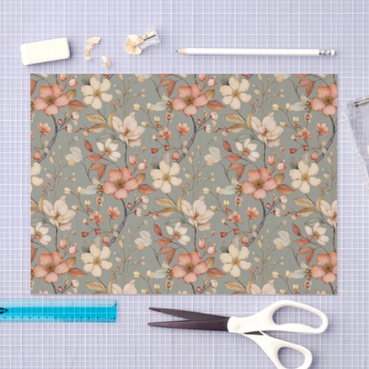 Weiches Blumenmuster im hellgrünen Hintergrund Seidenpapier (Handwerk)