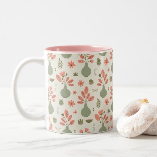 Weiches Blumenvase-Muster - Blush-Pink-Akzent Zweifarbige Tasse (Mit Donut)