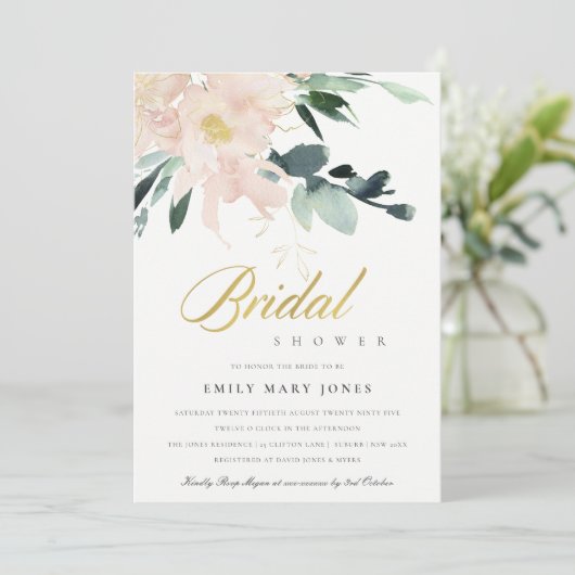 WEICHES BLUSFLORAL GOLD WATERCOLOR BRAUTPARTY EINLADUNG (Stehend Vorderseite)