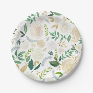 Weiches Elfenbein-Blumenmuster mit Grün Weiß Pappteller
