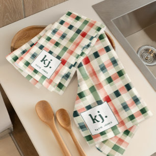 Weiches Evergreen-Gingham-Monogramm-Küchentuch Geschirrtuch