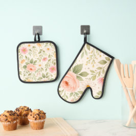 Weiches Florales Wasserfarbenmuster Ofenhandschuh & Topflappen-Set