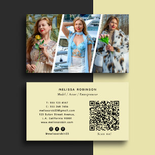 Weiches Gelb 3 Foto-Collage Social Media & QR-Code Visitenkarte