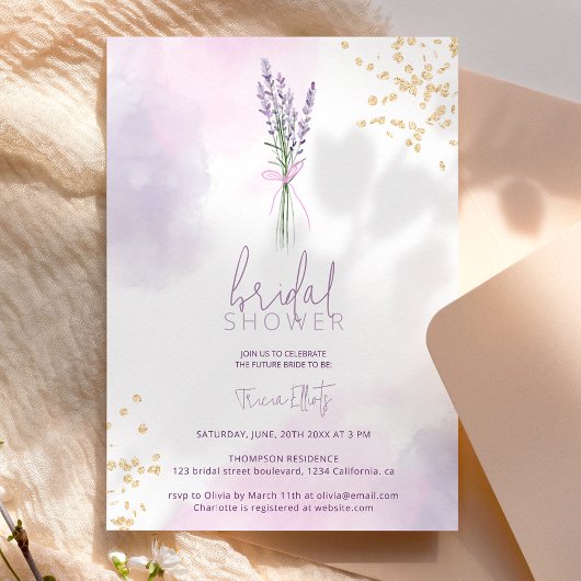 Weiches Lavendelgold Glitzer Blume Brautparty Einladung