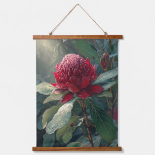 Weiches Licht Roter Waratah Vintage-Druck Wandteppich Mit Holzrahmen