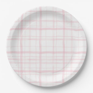 Weiches Pastell-Rosa Gingham-Party Pappteller