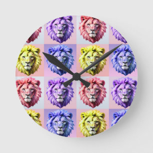 Weiches Pastellfarben-Löwenkopf-Karo-Musterdesign Runde Wanduhr