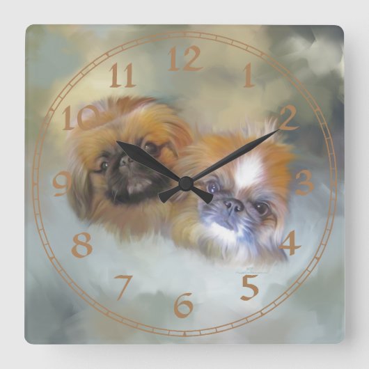 Weiches Pekingese Duo Quadratische Wanduhr (Vorderseite)