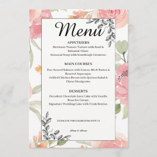 Weiches Pfirsich-Frühlingsgarten-Hochzeitsmenü Menükarte