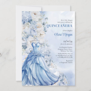 Weiches Pulver blau florale Formkleid Quinceañera Einladung