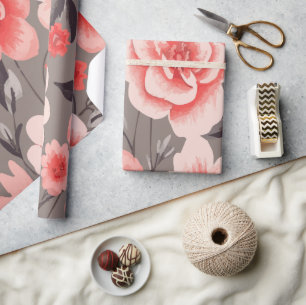 Weiches rosa Blumenmuster auf elegantem grauem Hin Geschenkpapier