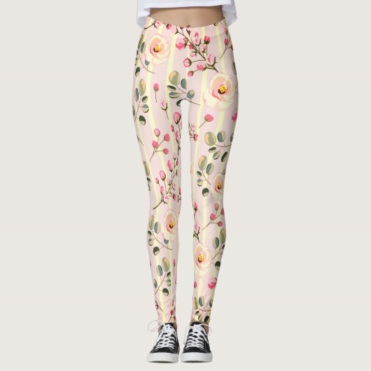Weiches rosa Blumenstreifenmuster Leggings (Vorderseite)