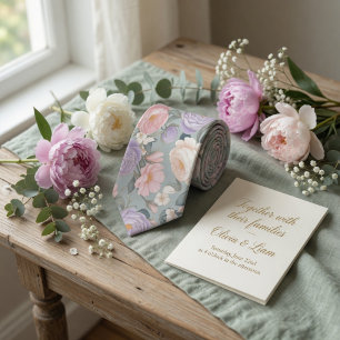 Weiches Salbeigrün Floral Pastell Pfingstrose Rose Krawatte