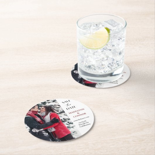 Weiches Skript-Foto Save the Date Rundpapier-Coes Runder Pappuntersetzer (Vor Ort)