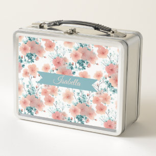 Weiches Vintage-Frühlingsrosa Florales Personalisi Metall Brotdose