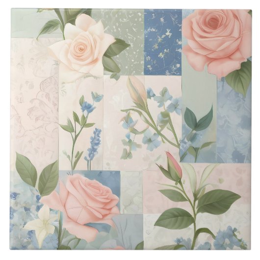 Weiches zartes Blumen-Pink- und Blau-Patchwork Fliese (Vorderseite)