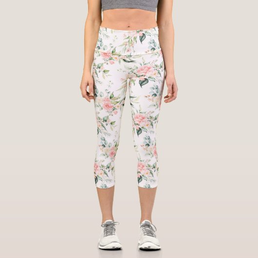 Weichpastellmuster in Rosa Rose Blume Capri Leggings (Vorderseite)