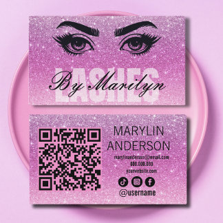Weichrosa Glitzer Ombre Lash Tech mit QR Code Visitenkarte