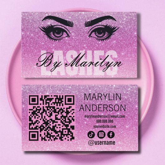 Weichrosa Glitzer Ombre Lash Tech mit QR Code Visitenkarte