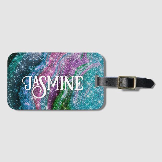 Weichteilblauer lila Glitzer Monogramm Gepäckanhänger (Vorderseite (Horizontal))