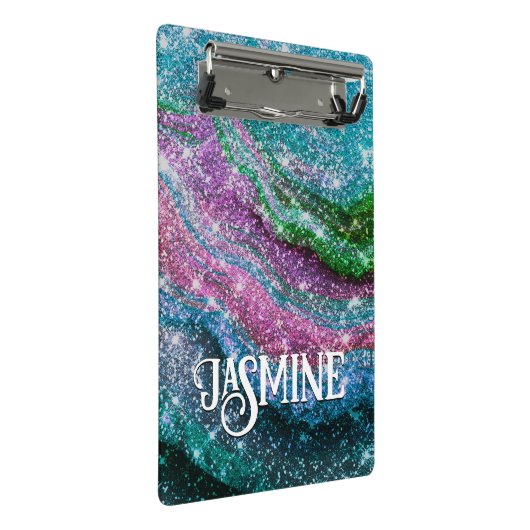 Weichteilblauer lila Glitzer Monogramm Mini Klemmbrett (Schrägansicht)