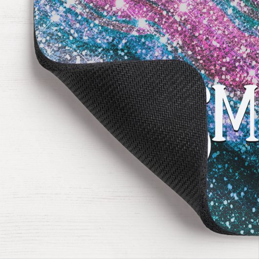 Weichteilblauer lila Glitzer Monogramm Mousepad (Ecke)
