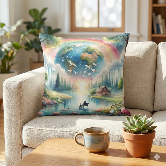 Weichteile Rainbow Earth Fantasy Scene Kissen (Whimsical Rainbow Earth Fantasy Scene Throw Pillow Mockup A)