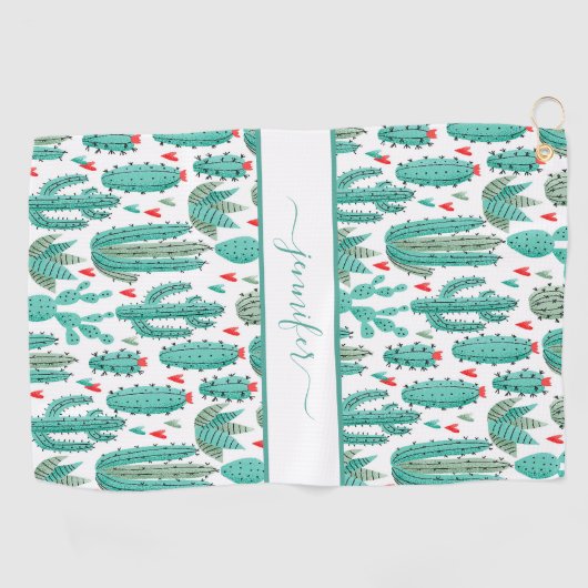 Weichteilkaktus, grünes, weißes Muster, Monogramm Golfhandtuch (Horizontal)