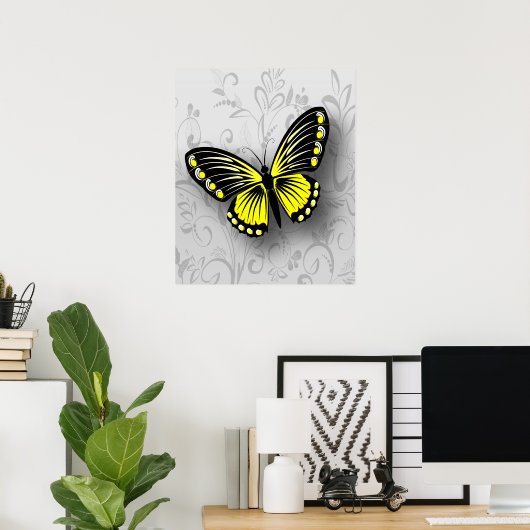 Weichtgelbe Butterfly auf grauer Flora Poster (Heimbüro)