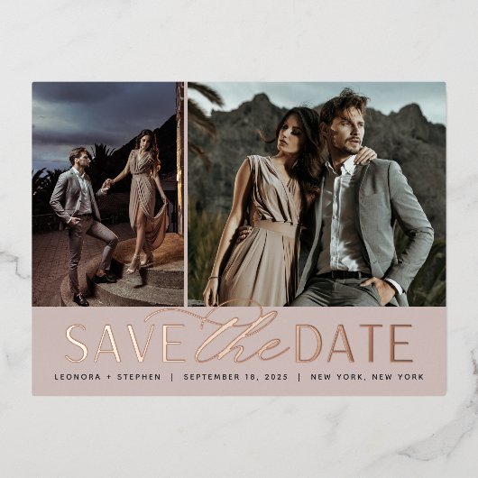 Weichzeichnen | 2 Foto Hochzeit Datum speichern Folie Einladungspostkarte (Vorderseite)