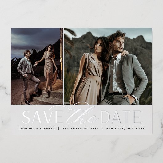 Weichzeichnen | 2 Foto Hochzeit Datum speichern Folie Einladungspostkarte (Vorderseite)